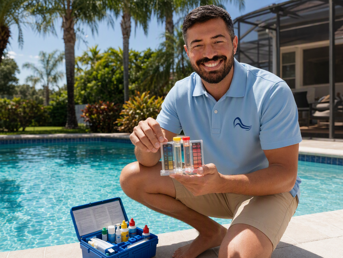 Marcus testing pool water chemistry poolside
