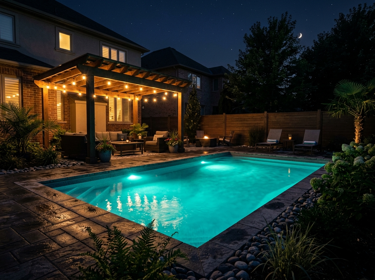 Backyard pool lit at dusk