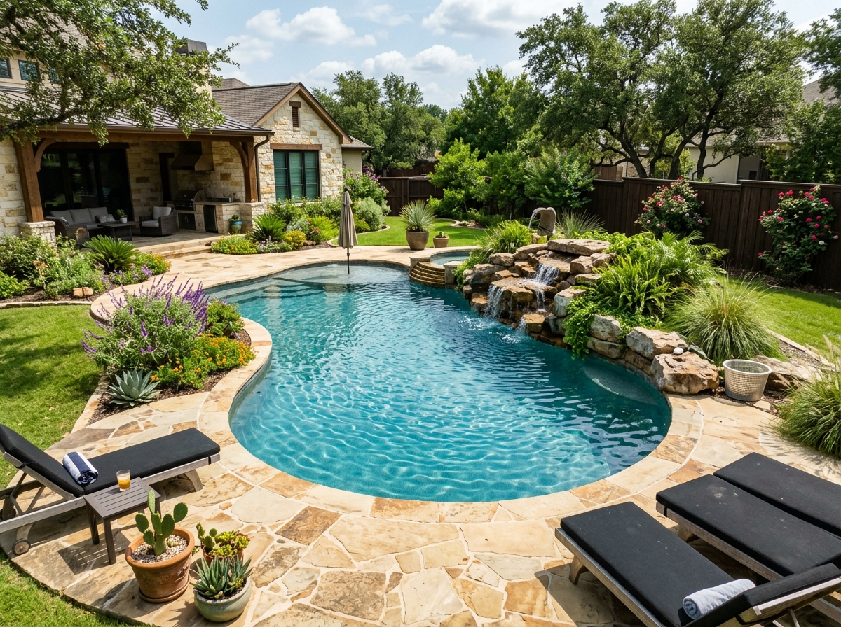 Freeform pool with tanning ledge and tropical landscaping