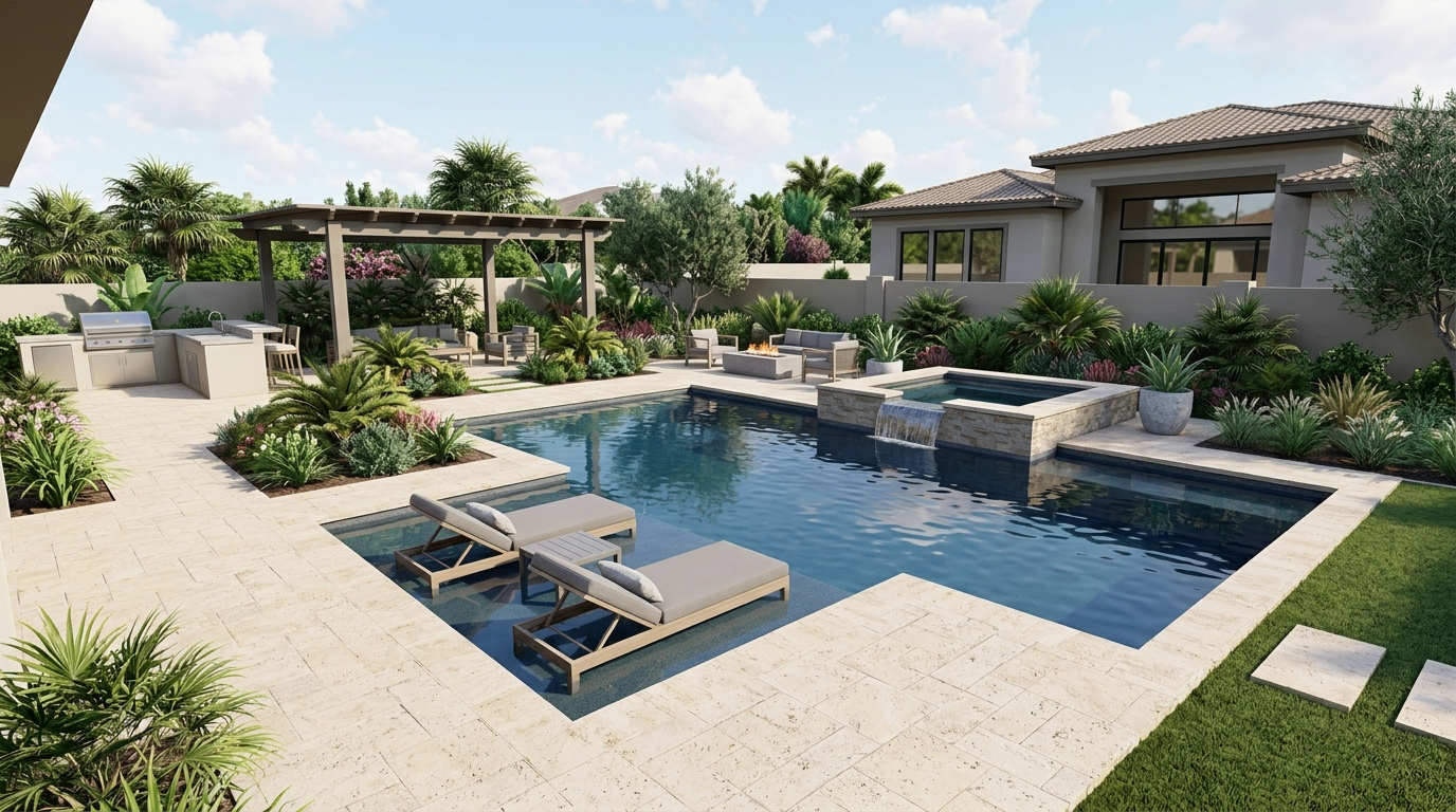 Modern rectangular pool with raised spa