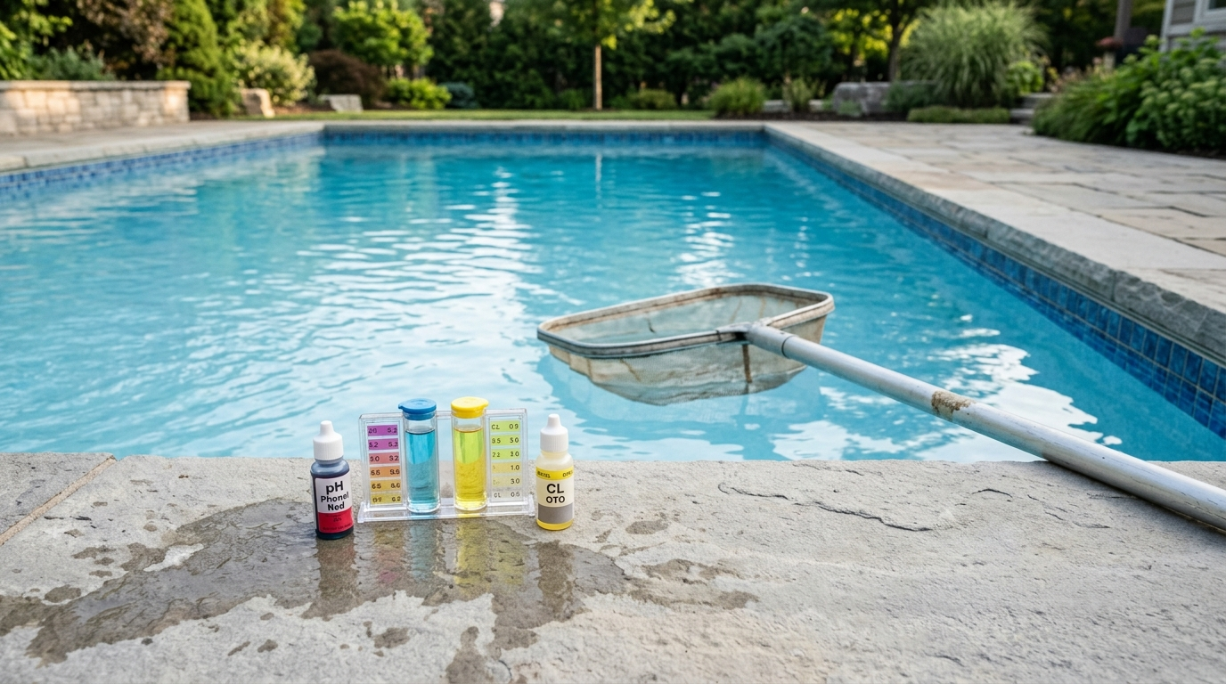 Skimmer net and water test bottles poolside